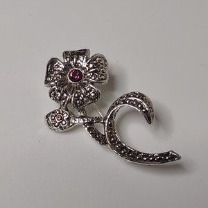 Silver Tone And Purple Flower Brooch